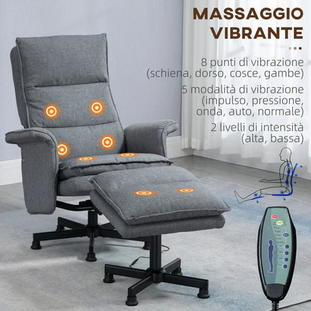 Poltrona Relax Massaggiante con Pouf e Telecomando, 8 Punti Massaggio e 5 Programmi, Grigio CV2700-165V90GYCV2
