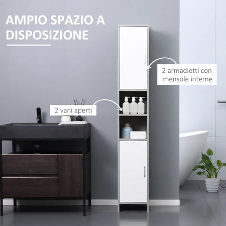 Colonna Bagno con 2 Armadietti e 2 Vani Aperti in Legno Effetto Cemento, 30x30x180cm TY7834-379TY7