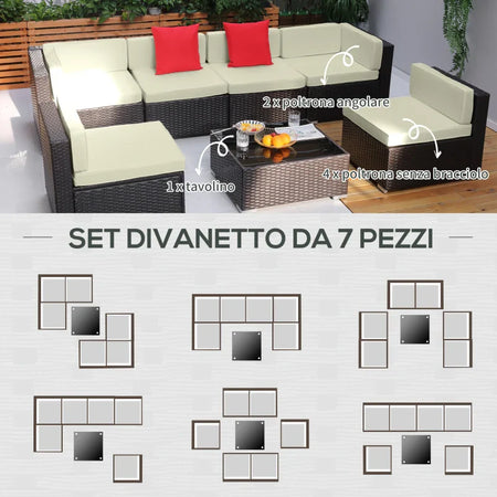 Salotto da Giardino in Rattan da 7 Pezzi con Tavolino e Divano Modulabile con Cuscini, Crema 860-020