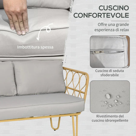 Salotto da Giardino in Rattan Stile Boho con Divano 2 Posti, 2 Poltrone e Tavolino con Vetro 860-287V00YL