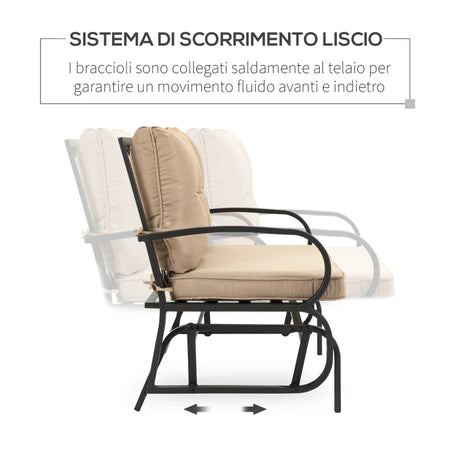 Panchina a Dondolo da Giardino per 2 Persone con Cuscini per Seduta e Schienale, 122x70x87cm, Khaki 84B-840