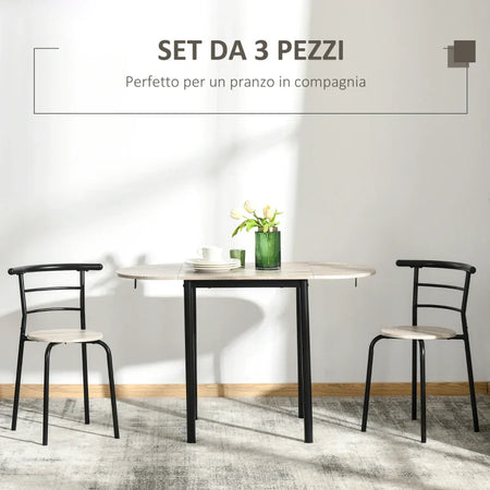 Set da Pranzo 3 Pezzi con 2 Sedie e 1 Tavolo da Pranzo Ovale in MDF e Acciaio per Spazi Limitati UH7835-644UH7