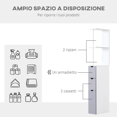 Mobiletto a Colonna Salvaspazio in Legno, Armadietto da Bagno con Ripiani e Armadietti, Bianco, 15x33x136.5cm RF7834-114RF7