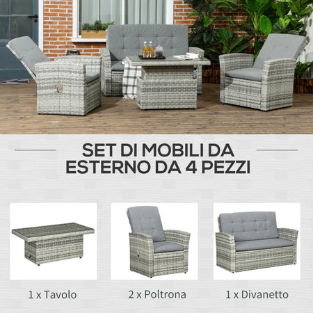 Set da Giardino 4pz in Rattan Grigio con Tavolo ad Altezza Regolabile, 2 Poltrone Reclinabili e Divano 2 Posti  860-276V00LR