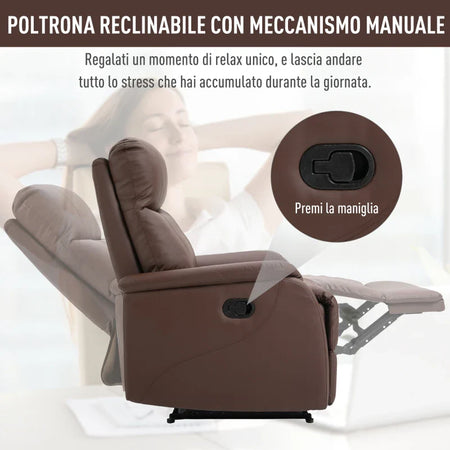 Poltrona Relax Manuale con Schienale Reclinabile 145° e Poggiapiedi in Pelle PU Marrone, 76x91x106cm YT6833-840YT6