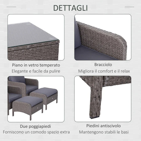 Set Mobili da Giardino 2 Poltrone 2 Poggiapiedi 1 Tavolino in Vetro Temperato Rattan Grigio 860-066