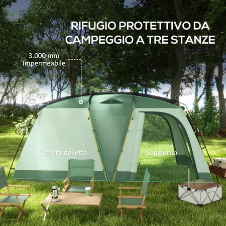 Tenda da Campeggio 4 Posti Impermeabile con Zona Notte e Zona Giorno, in Poliestere, 460x300x200 cm, Verde WY5A20-398V00SDWY5