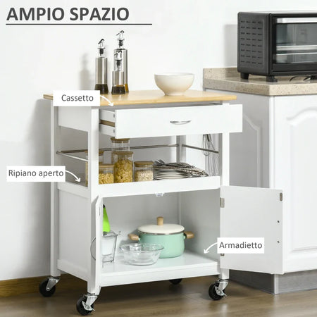 Carrello Cucina con Cassetto Armadietto e Scaffale, Carrellino Portavivande con Piano in Bambù e 4 Ruote, Bianco TY8801-215TY8