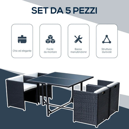 Set Mobili da Giardino 5pz Set Tavolo da Pranzo con 4 Sedie con Cuscini Combinabili a Rettangolo, Nero, 109x109x72 cm 863-008