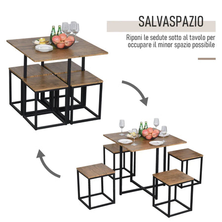 Set 5 Pezzi Tavolo con Sgabelli in Stile Industriale per Cucina, Casa o Ristorante, Nero e Color Legno RF2835-083V01RF2