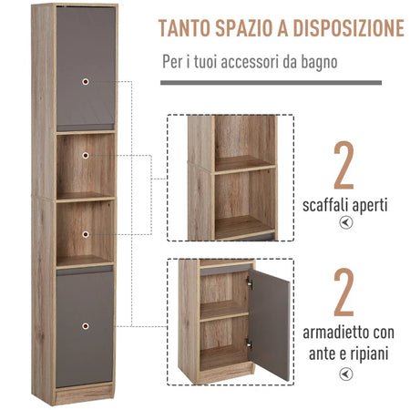 Mobiletto Salvaspazio per Bagno in Legno, Mobile da Bagno con 2 Armadietti e 6 Ripiani, Grigio e Rovere, Design a Torre 30 x 24 x 170cm QS5834-240QS5