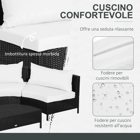 Divano da Esterno in Rattan, Set 5 Pezzi con Pouf, Salottino per il Giardino Nero e Bianco 96cmx 68cmx 65cm 860-081V01