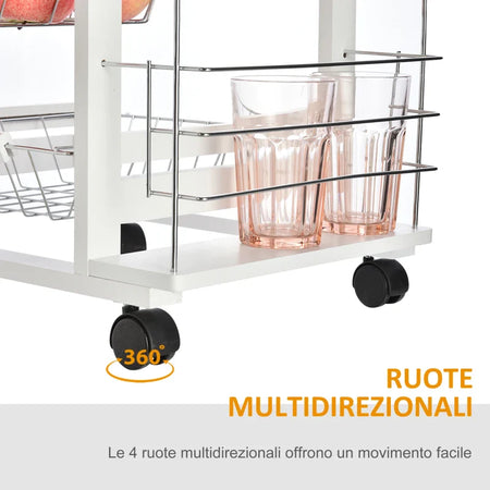 Carrello da Cucina Salvaspazio in Legno Bianco, Portavivande con 1 Piano di Lavoro 1 Cassetto e 4 Cestelli Metallici, 47x37x83cm LK6801-121V01WTLK6