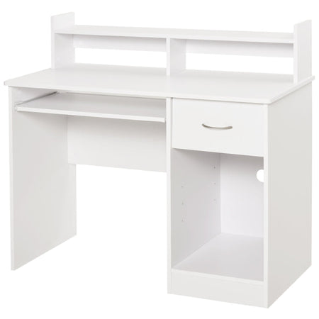 Scrivania per Computer Compatta, Scrivania PC Fisso in Legno Bianco con Ripiano Tastiera Estraibile e Mensole 104x48x95.5cm XN5836-262WTXN5