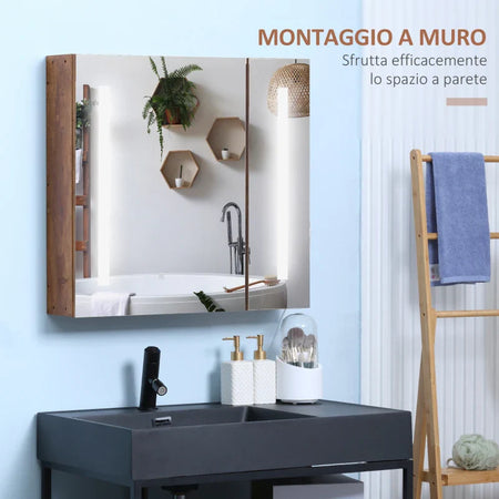 Specchiera Bagno con Luci LED Regolabili, 2 Ante e Mensola Regolabile, 70x15x65cm, Marrone YH9834-442YH9