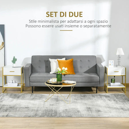 Set 2 Comodini Moderni con Cassetto e Ripiano Aperto in MDF e Acciaio, 45x40x60cm, Bianco e Oro AW1831-534AW1