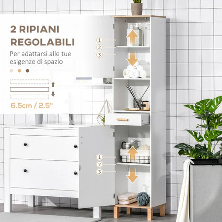 Mobile Salvaspazio Bagno in Legno Bianco, Mobile a Colonna con Armadietti e Cassetto 39x30x180cm QA2834-312QA2