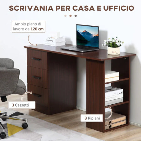 Scrivania Ufficio con  Cassetti e 3 Ripiani Reversibili in Legno, 120x49x72cm, Noce NW9836-068V01NW9
