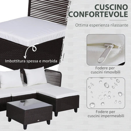 Set Mobili da Giardino 5 Pezzi Tavolino con Piano in Vetro Temperato Rattan 3 Poltrone 1 Poggiapiedi 1 in Alluminio, Rattan 860-060
