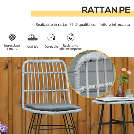 Set Mobili da Giardino 3 Pezzi con Tavolino e Sedie in Rattan PE, Poilestere e Acciaio per Esterni, Grigio 863-087GY