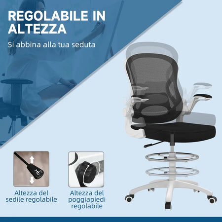 Sedia da Ufficio Ergonomica in Tessuto Traspirante con Altezza Regolabile e Braccioli Ribaltabili, 59x65x110-130 cm JK6921-628V00BKJK6