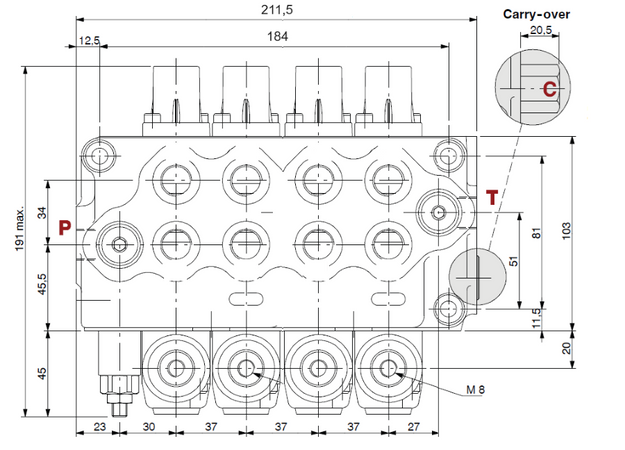 Distributore Walvoil SD5 a 4 leve doppio effetto e doppio effetto flottante - 40L