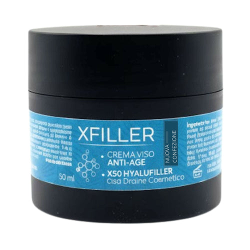 Xfiller - crema antirughe 100% naturale con x50 hyalufiller con drone cosmetico, arricchita con olio di mandorle dolci, burro di karitité, amamelide e olio di cocco pelle più giovane e luminosa 50ml