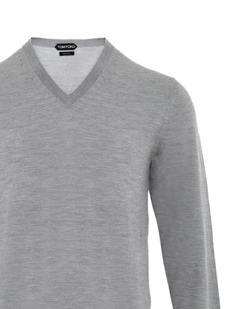 Tom Ford Maglia Grigia con Scollo a V in Cashmere e Seta da uomo