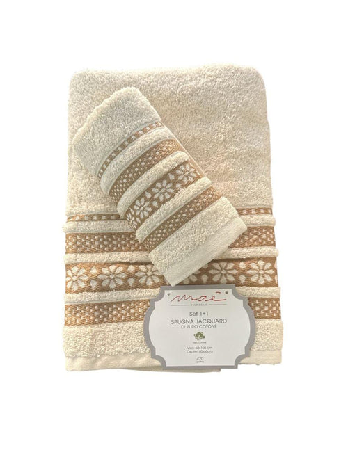 Set Asciugamani 1+1 Via Roma 60 Lino – Spugna di Cotone Jacquard 420 gr/m²