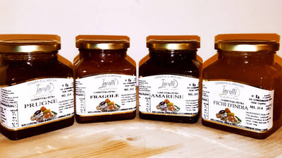 4x Box contenente 4 vasi di vetro di CONFETTURA EXTRA nei gusti fragole, amarene, prugne, fichi d'india