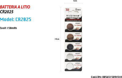 5 Batterie A Litio Pile Cr2025 3v 150mah A Bottone Per Orologi Telecomandi Maxtech Casa, arredamento e bricolage > Materiale Elettrico > Batterie e Pile Trade Shop italia - Napoli, Commerciovirtuoso.it