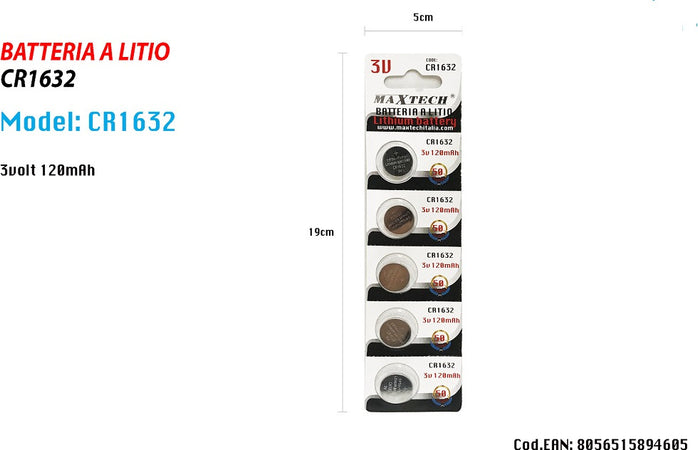 5 Batterie Batteria Cr1632 3v 120mah Pile A Bottone Per Orologi Telecomandi Maxtech Casa, arredamento e bricolage > Materiale Elettrico > Batterie e Pile Trade Shop italia - Napoli, Commerciovirtuoso.it