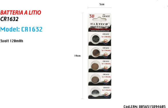 5-Batterie-Batteria-Cr1632-3v-120mah-Pile-A-Bottone-Per-Orologi-Telecomandi-Maxtech