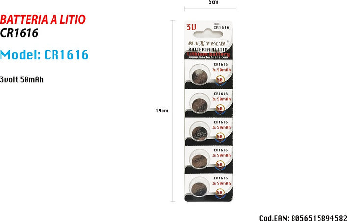 5 Batterie Cr1616 3v Pile A Bottone Per Orologi Telecomandi Apparecchi Maxtech Casa, arredamento e bricolage > Materiale Elettrico > Batterie e Pile Trade Shop italia - Napoli, Commerciovirtuoso.it