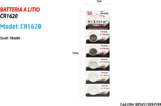 5 Batterie Pile A Bottone Cr1620 3v Per Orologi Telecomandi Apparecchi Maxtech Elettronica/Pile e caricabatterie/Pile monouso Trade Shop italia - Napoli, Commerciovirtuoso.it