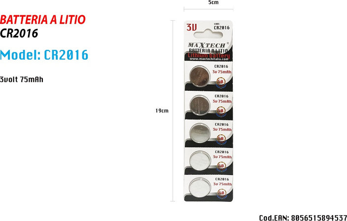 5 Batterie Pile Cr2016 3v 75mah Batteria A Bottone Per Orologi Telecomandi Maxtech Casa, arredamento e bricolage > Materiale Elettrico > Batterie e Pile Trade Shop italia - Napoli, Commerciovirtuoso.it