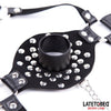 Maschera Toilet nera con tappo gag tubo scarico regolabile pelle PU vegan BDSM