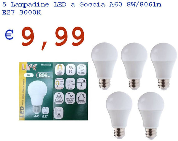 5 Lampadine Led Goccia E27 Lm806 Lampada Led Life Goccia A60 39.920303c