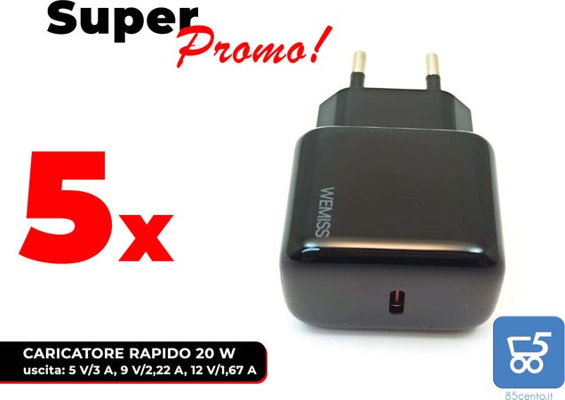 5 Pezzi Caricatore Rapido USB type C 20W Universale PD 3.0 per i Phone 12, 12 Mini, 12 Pro Max,11,11pro,XS,XR,8 Plus,Pad Pro,Air,Galaxy S21 e altri modelli