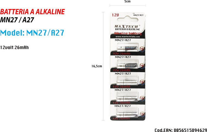 5 Pile Batteria Alkaline Mn27/a27 12v Pila Alcalina 26mah Per Telecomando Maxtech Casa, arredamento e bricolage > Materiale Elettrico > Batterie e Pile Trade Shop italia - Napoli, Commerciovirtuoso.it
