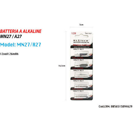 5-Pile-Batteria-Alkaline-Mn27/a27-12v-Pila-Alcalina-26mah-Per-Telecomando-Maxtech