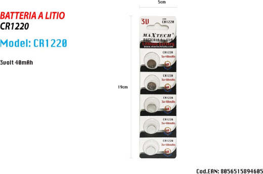 5-Pile-Cr1220-3v-Batteria-A-Bottone-Per-Orologi-Telecomandi-Apparecchi-Maxtech