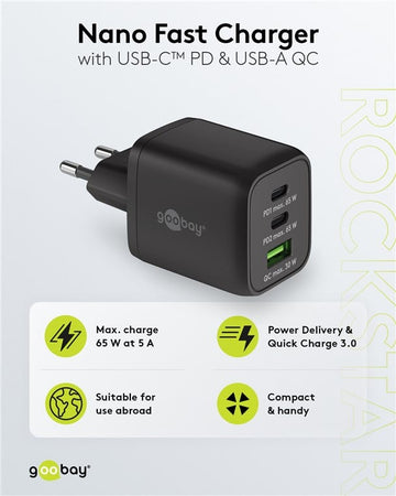 Nano Caricatore Alimentatore GaN 2xUSB-C (PD) + USB-A (QC) da Muro 65W Nero