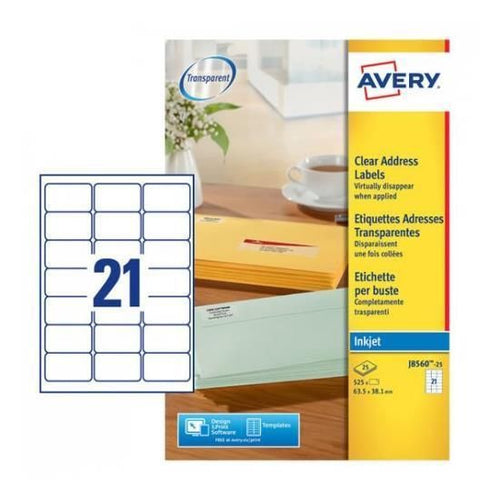 Etichette poliestere trasparenti opache avery quickpeel? 63,5x38,1 mm - 21 et/foglio - inkjet conf. 25 ff j8560-25 - 101867
