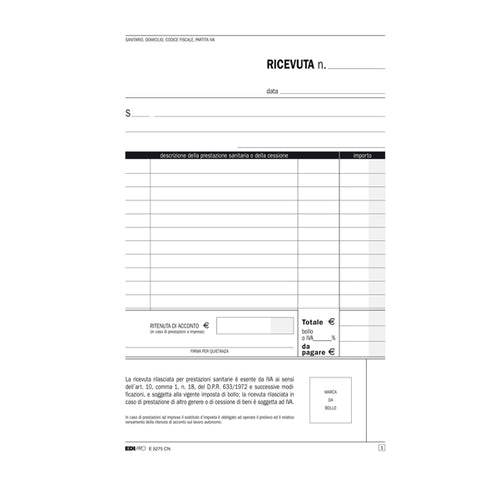 Blocco Ricevute Sanitarie 50/50 Fogli Autoric. 23X15 E5275Cn
