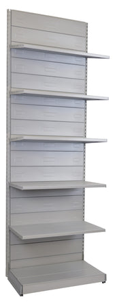 Scaffale a parete da negozio in metallo verniciato alluminio cm. 97x50x300h