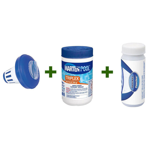 Kit di manutenzione per pulizia piscina kg 1 tris pastiglie antialghe cloro con dispenser e test piscine