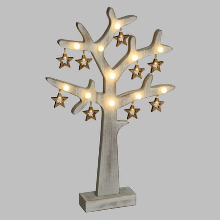 Albero di natale in legno vintage bianco con stelle 20 led a batteria h 50 cm
