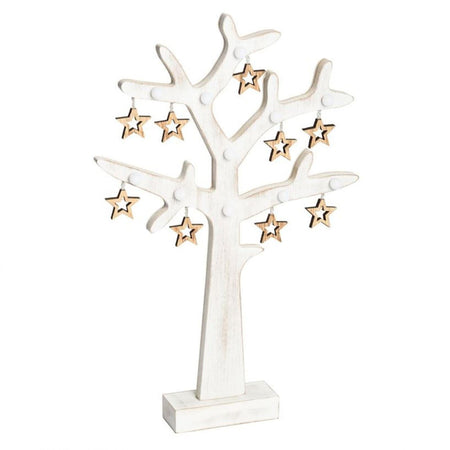 Albero di natale in legno vintage bianco con stelle 20 led a batteria h 50 cm