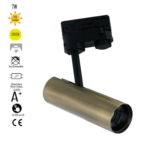 Faretto per binario orientabile a led in alluminio bronzo A+ Luce calda 7 W